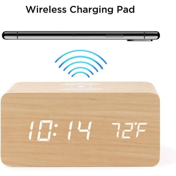 Alarm Clock with Qi Wireless Charging Pad Compatible with iPhone Samsung Wood - Picture 4 of 7